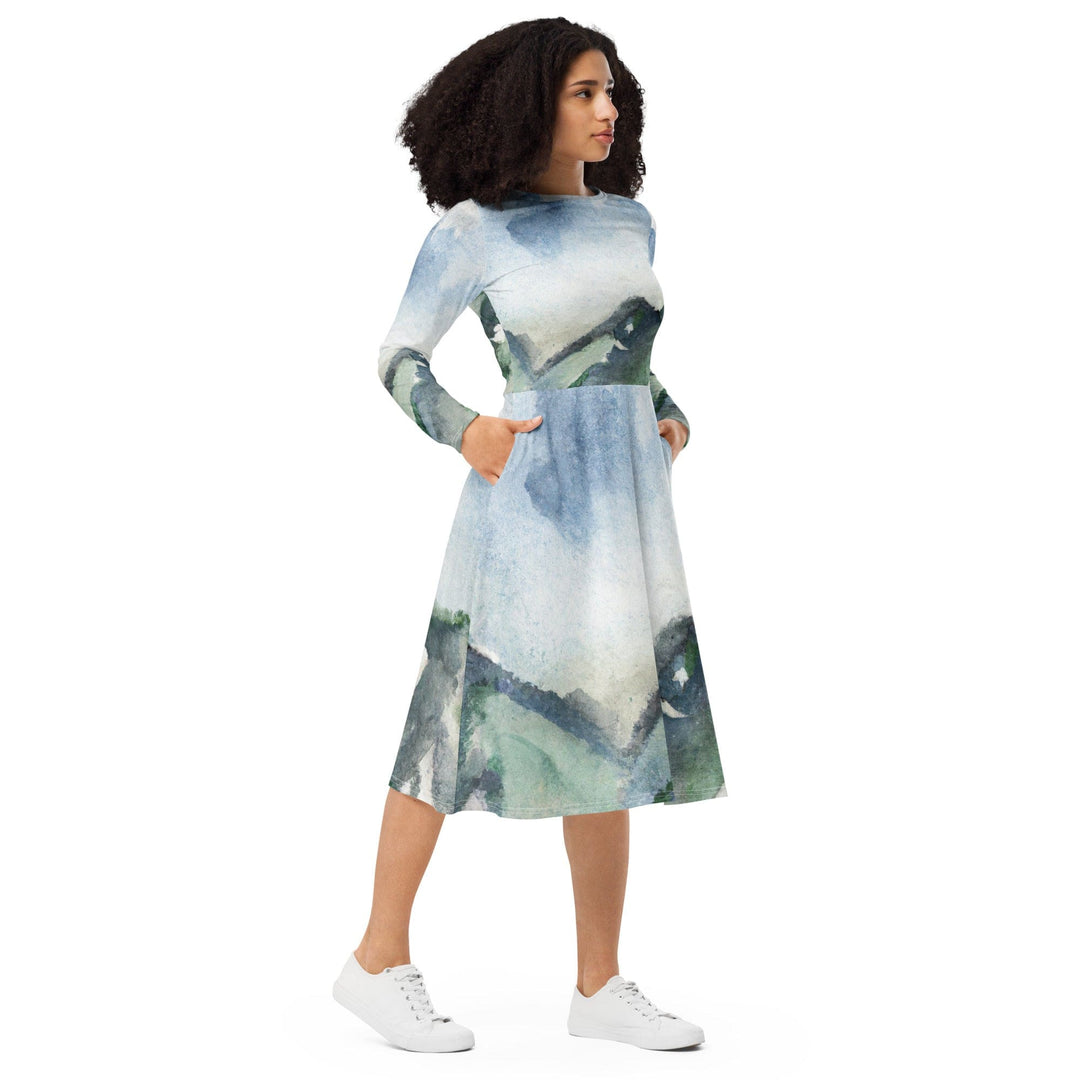 Womens Long Sleeve Midi Dress Green Mountainside Nature Landscape - Womens