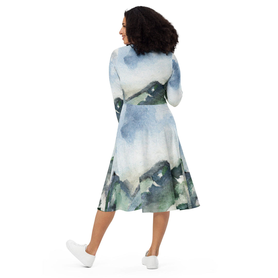 Womens Long Sleeve Midi Dress Green Mountainside Nature Landscape - Womens