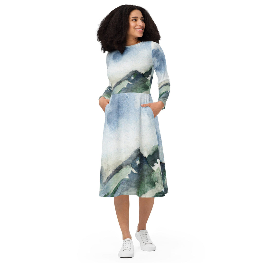 Womens Long Sleeve Midi Dress Green Mountainside Nature Landscape - Womens