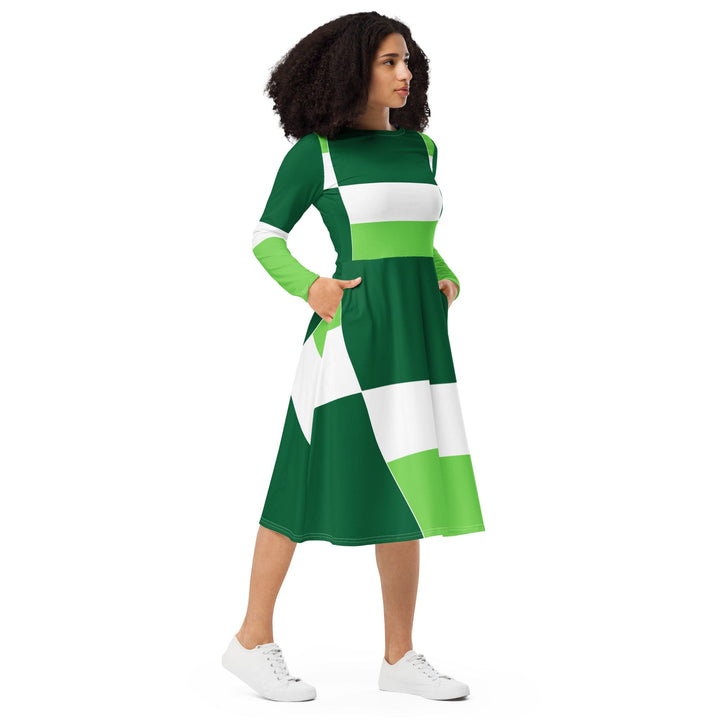 Womens Long Sleeve Midi Dress Green White Colorblock Grid Lines - Womens