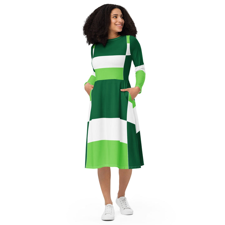 Womens Long Sleeve Midi Dress Green White Colorblock Grid Lines - Womens