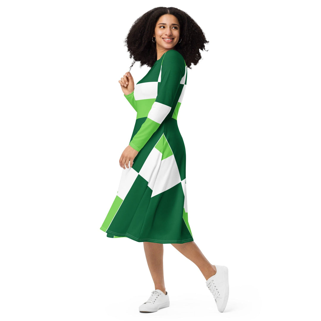 Womens Long Sleeve Midi Dress Green White Colorblock Grid Lines - Womens