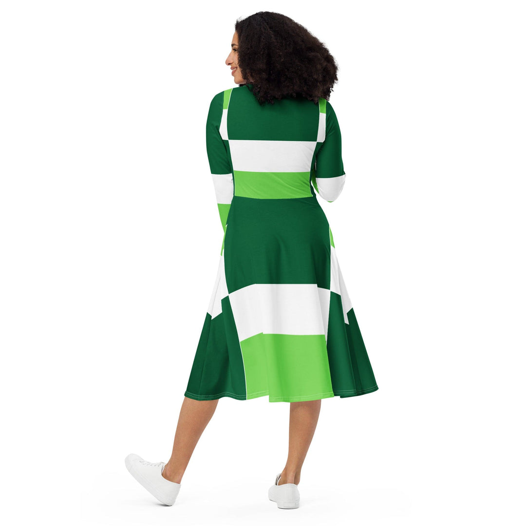 Womens Long Sleeve Midi Dress Green White Colorblock Grid Lines - Womens