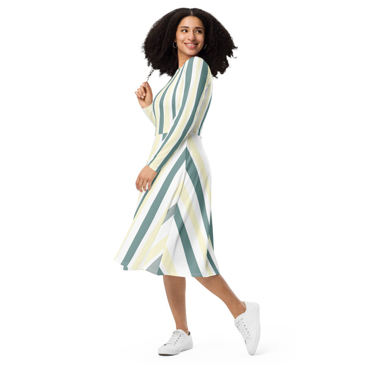 Womens Long Sleeve Midi Dress Green Yellow Geometric Lines - Womens | Dresses