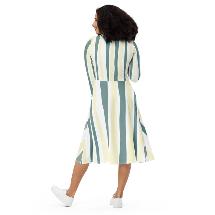 Womens Long Sleeve Midi Dress Green Yellow Geometric Lines - Womens | Dresses