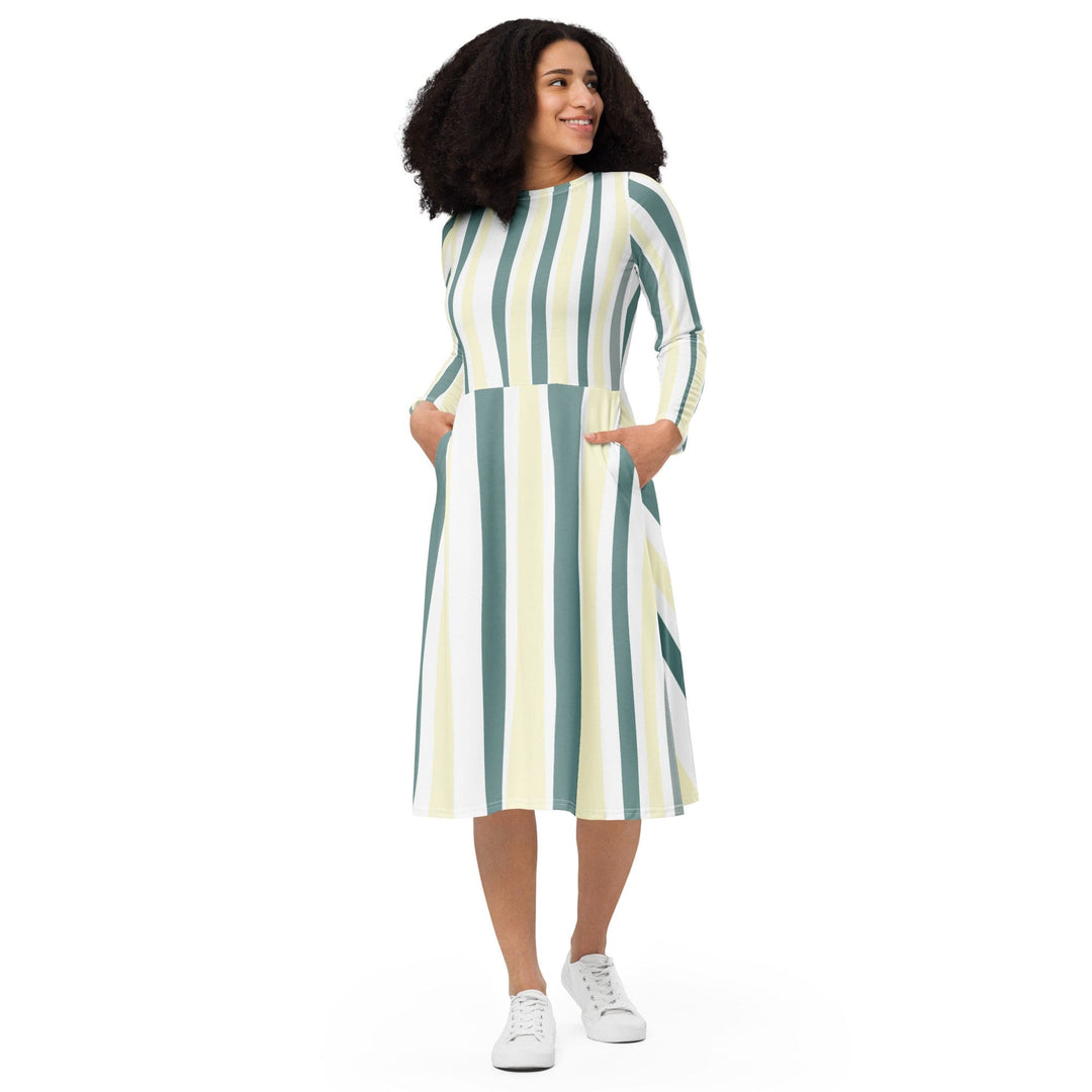 Womens Long Sleeve Midi Dress Green Yellow Geometric Lines - Womens | Dresses