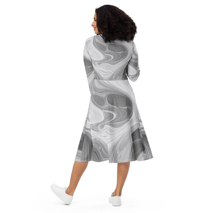 Womens Long Sleeve Midi Dress - Grey White Boho Marble Print