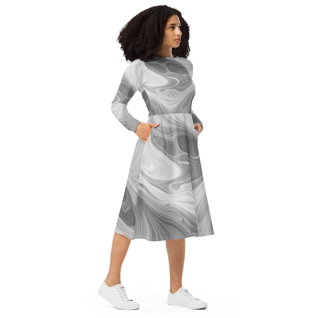 Womens Long Sleeve Midi Dress - Grey White Boho Marble Print