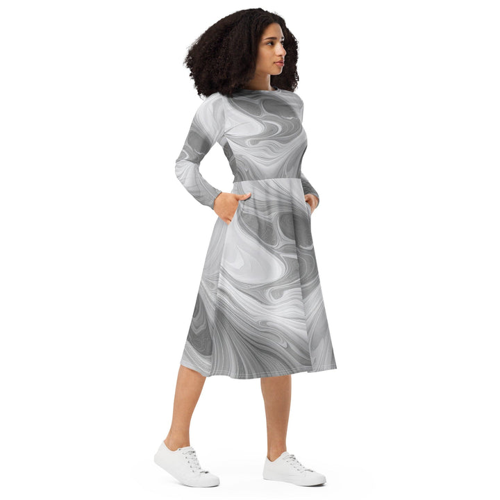 Womens Long Sleeve Midi Dress - Grey White Boho Marble Print