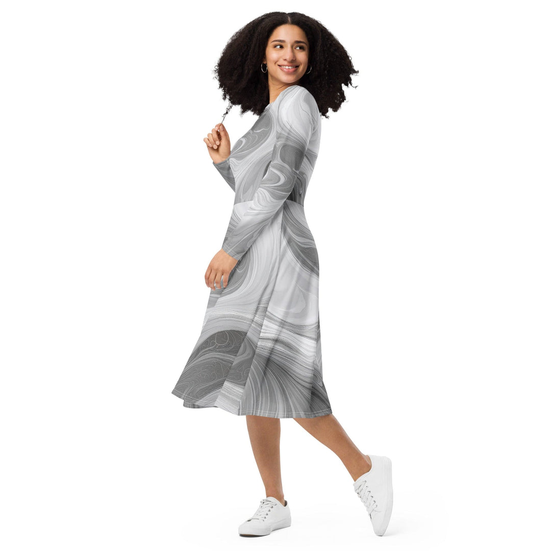 Womens Long Sleeve Midi Dress - Grey White Boho Marble Print