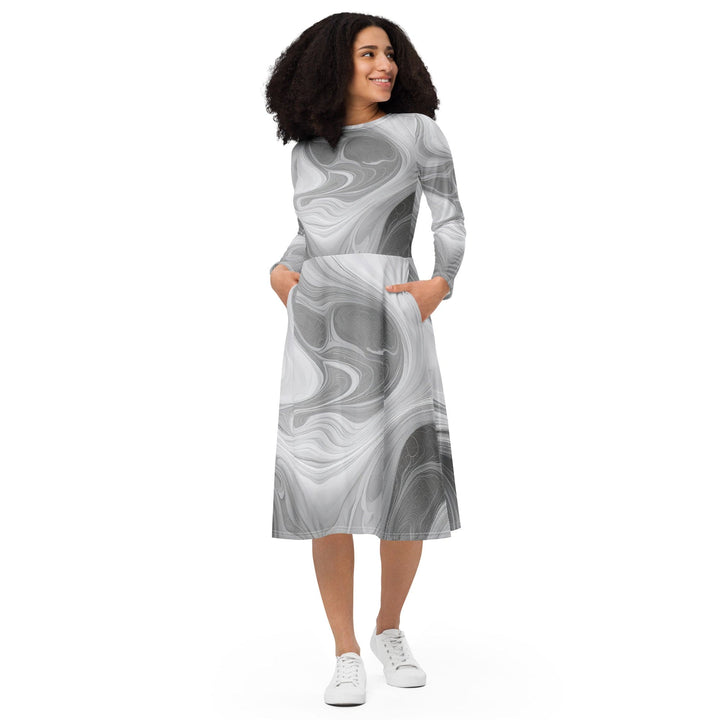 Womens Long Sleeve Midi Dress - Grey White Boho Marble Print
