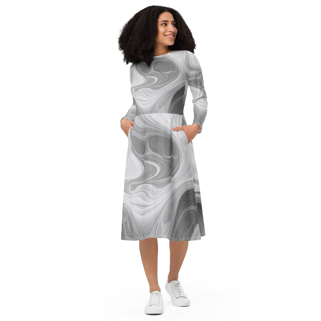 Womens Long Sleeve Midi Dress - Grey White Boho Marble Print