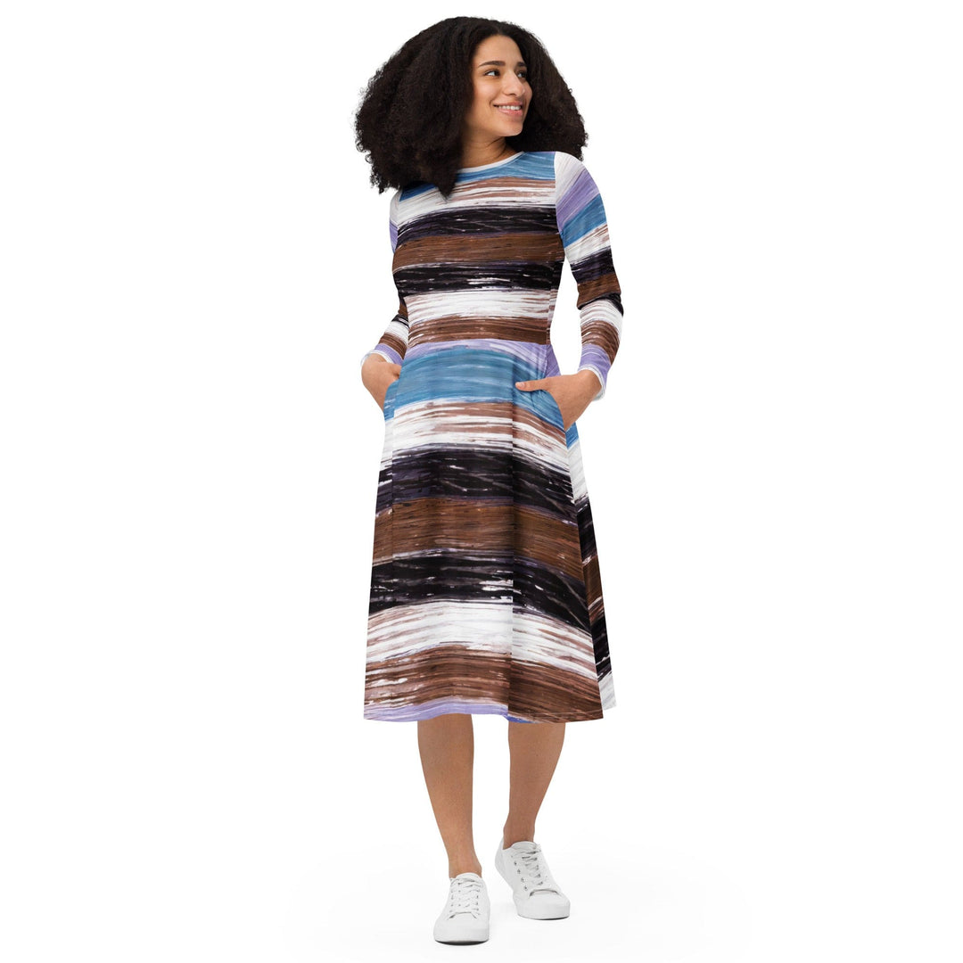 Womens Long Sleeve Midi Dress - Lavender Black Brown Rustic Pattern