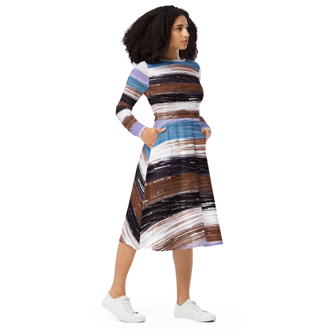 Womens Long Sleeve Midi Dress - Lavender Black Brown Rustic Pattern