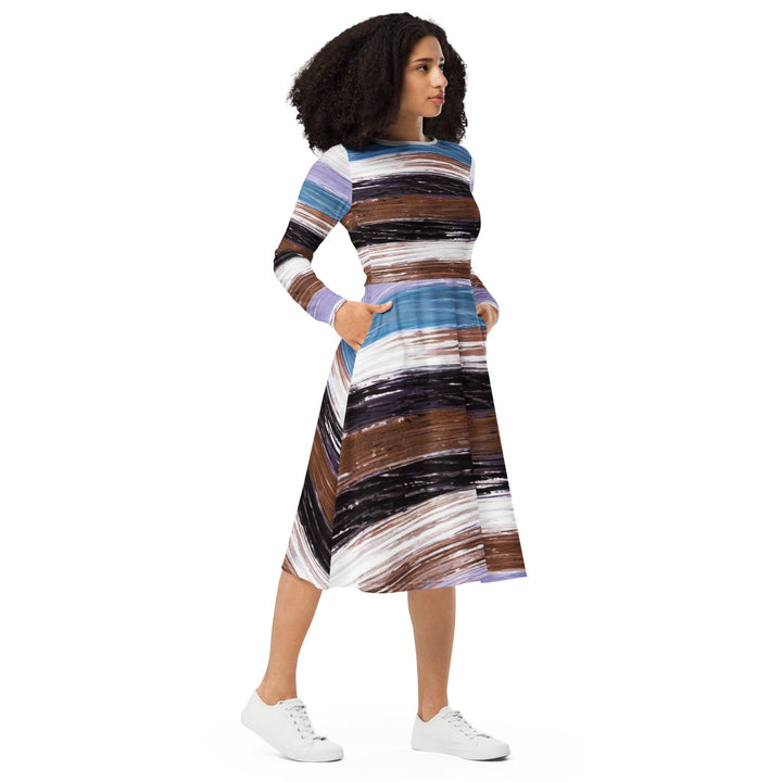 Womens Long Sleeve Midi Dress - Lavender Black Brown Rustic Pattern