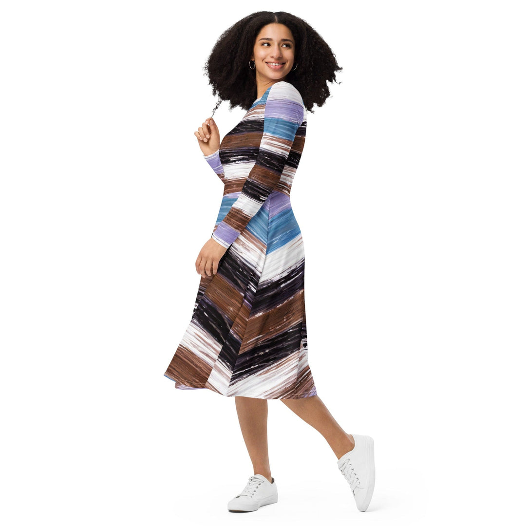 Womens Long Sleeve Midi Dress - Lavender Black Brown Rustic Pattern