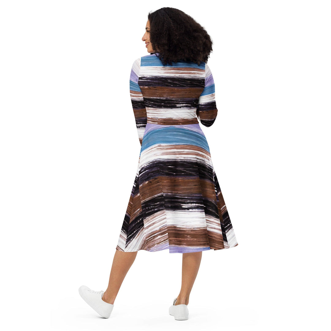 Womens Long Sleeve Midi Dress - Lavender Black Brown Rustic Pattern