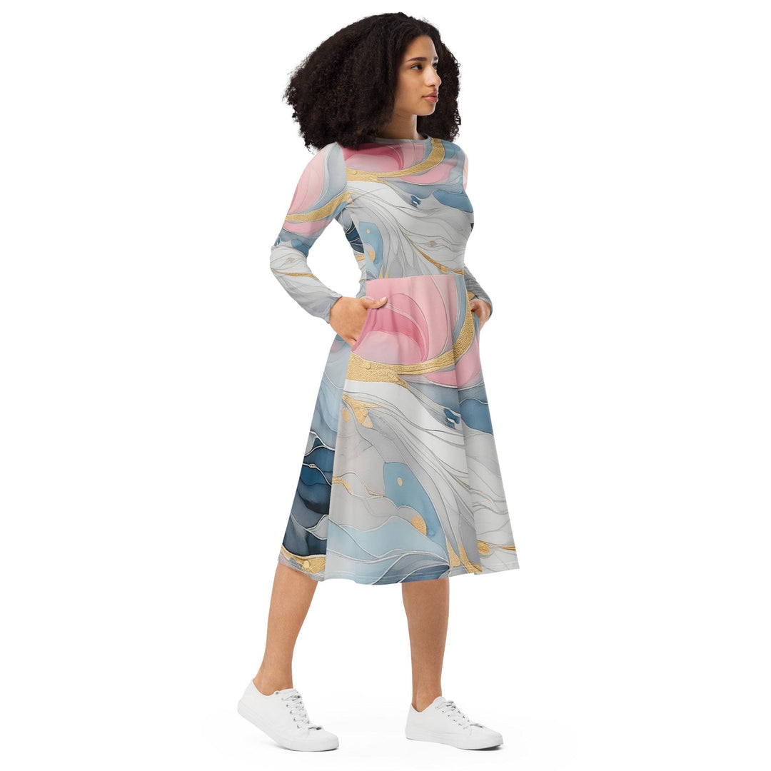 Womens Long Sleeve Midi Dress Marble Cloud of Grey Pink Blue 5522 - Womens