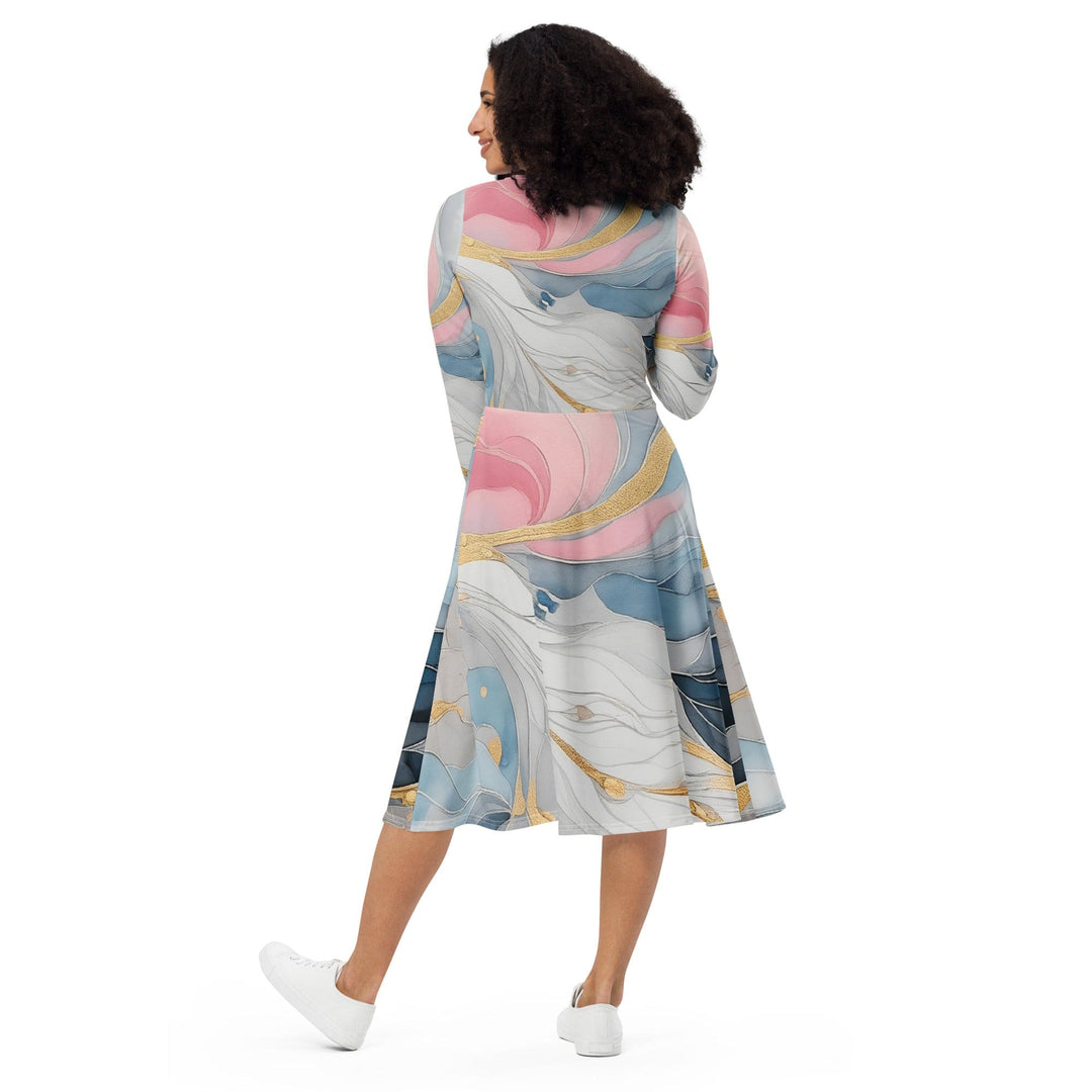 Womens Long Sleeve Midi Dress Marble Cloud of Grey Pink Blue 5522 - Womens