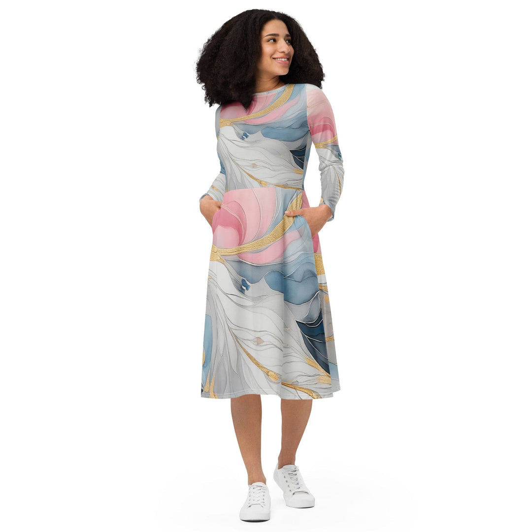 Womens Long Sleeve Midi Dress Marble Cloud of Grey Pink Blue 5522 - Womens