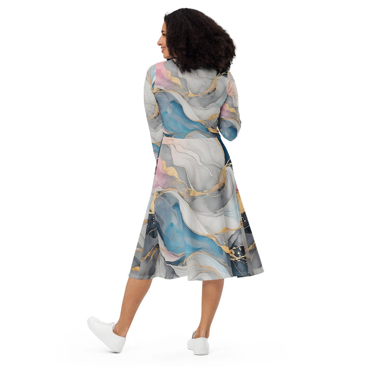 Womens Long Sleeve Midi Dress Marble Cloud of Grey Pink Blue 63389 - Womens