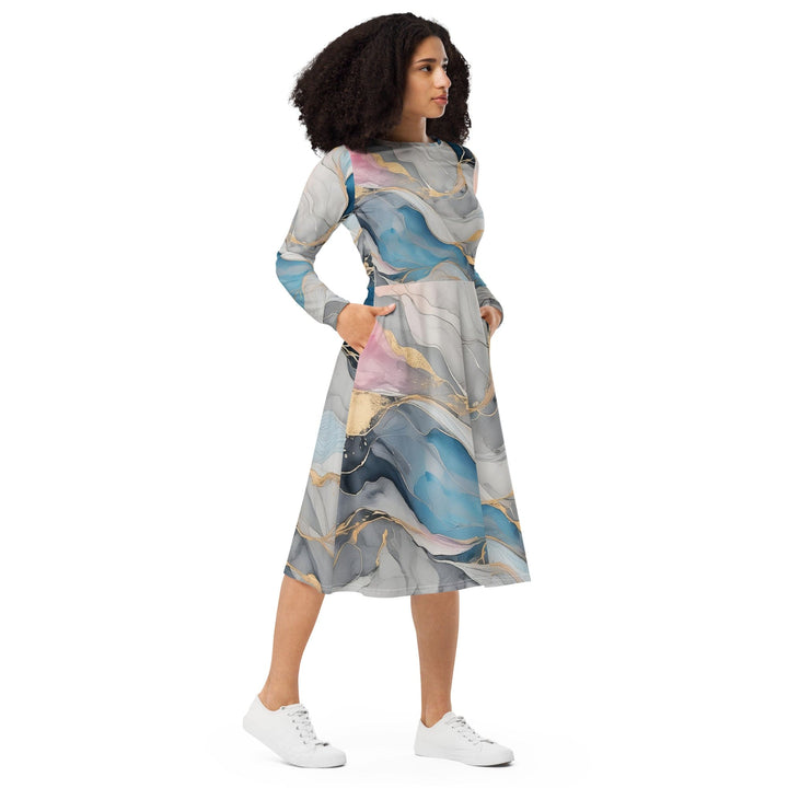 Womens Long Sleeve Midi Dress Marble Cloud of Grey Pink Blue 63389 - Womens