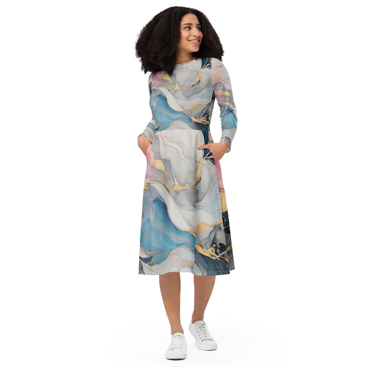 Womens Long Sleeve Midi Dress Marble Cloud of Grey Pink Blue 63389 - Womens