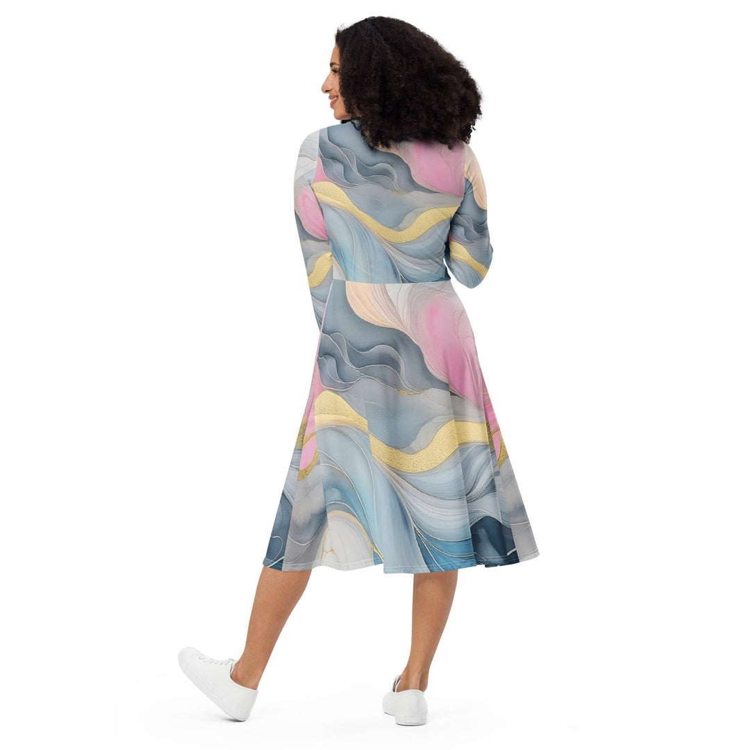 Womens Long Sleeve Midi Dress Marble Cloud of Grey Pink Blue 72067 - Womens