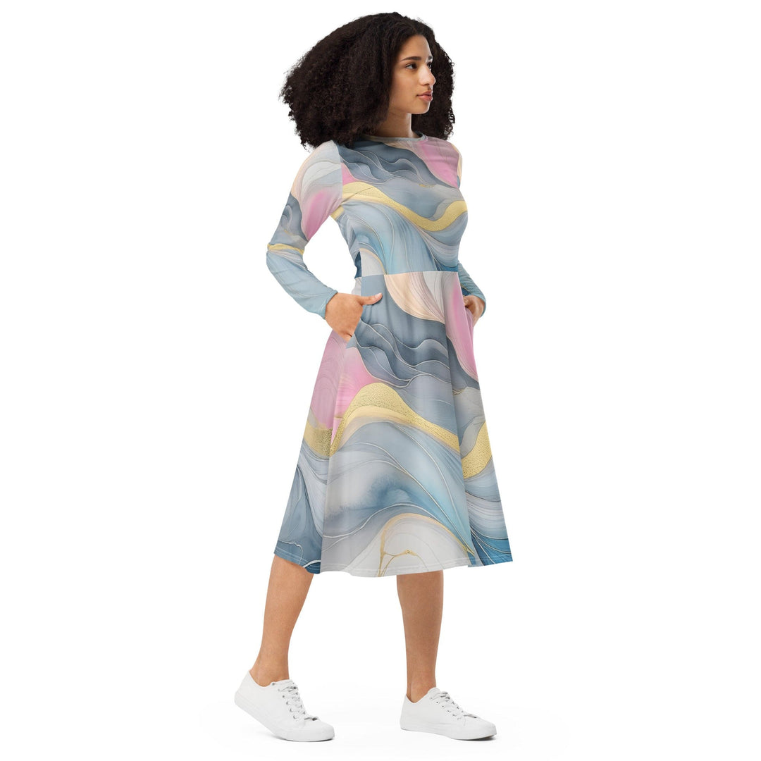 Womens Long Sleeve Midi Dress Marble Cloud of Grey Pink Blue 72067 - Womens