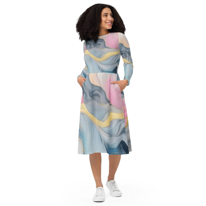 Womens Long Sleeve Midi Dress Marble Cloud of Grey Pink Blue 72067 - Womens