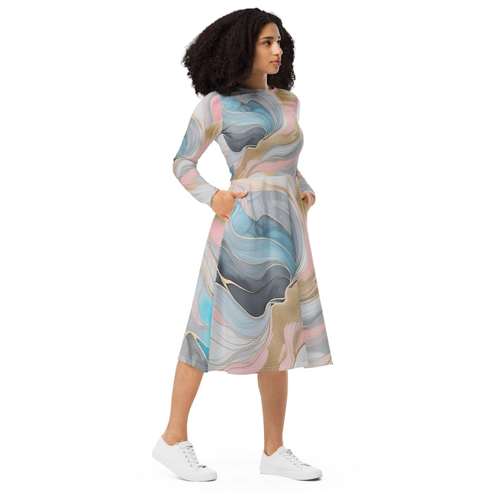 Womens Long Sleeve Midi Dress Marble Cloud of Grey Pink Blue 82395 - Womens