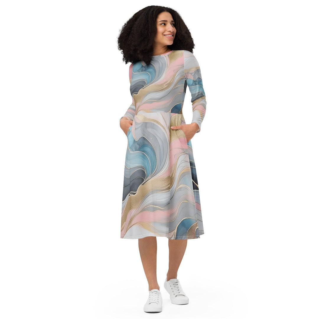 Womens Long Sleeve Midi Dress Marble Cloud of Grey Pink Blue 82395 - Womens