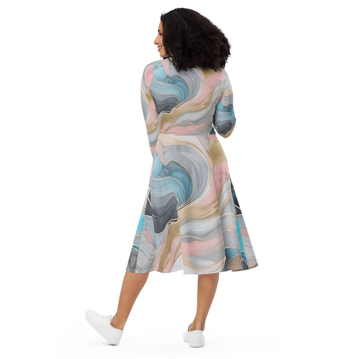 Womens Long Sleeve Midi Dress Marble Cloud of Grey Pink Blue 82395 - Womens