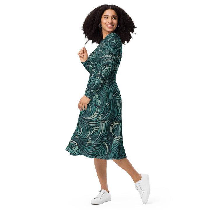 Womens Long Sleeve Midi Dress Mint Green Water Wave Print - Womens | Dresses