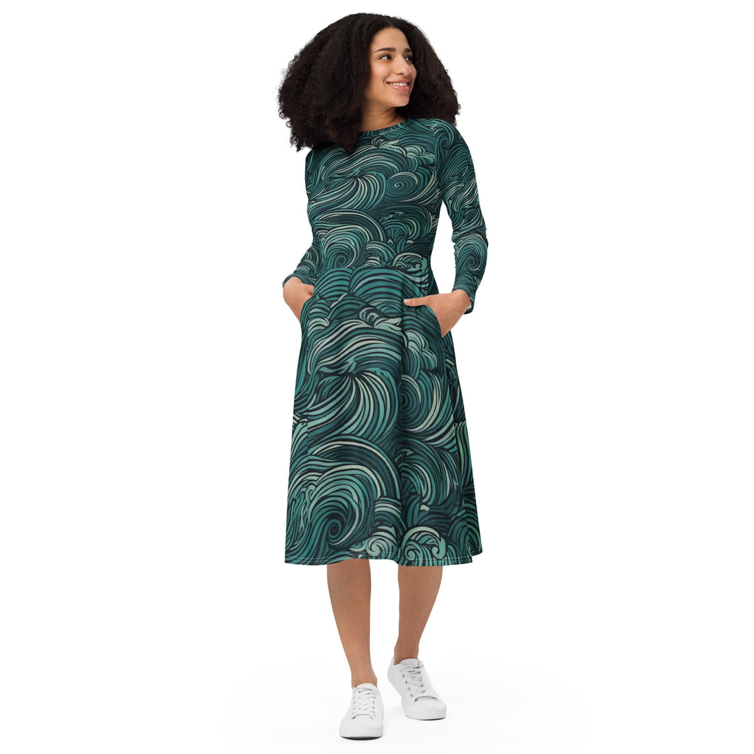 Womens Long Sleeve Midi Dress Mint Green Water Wave Print - Womens | Dresses