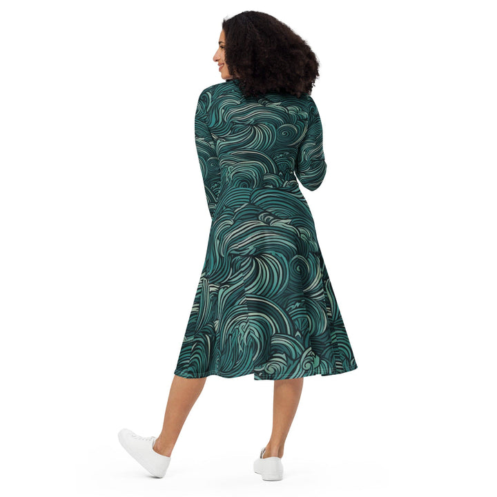 Womens Long Sleeve Midi Dress Mint Green Water Wave Print - Womens | Dresses