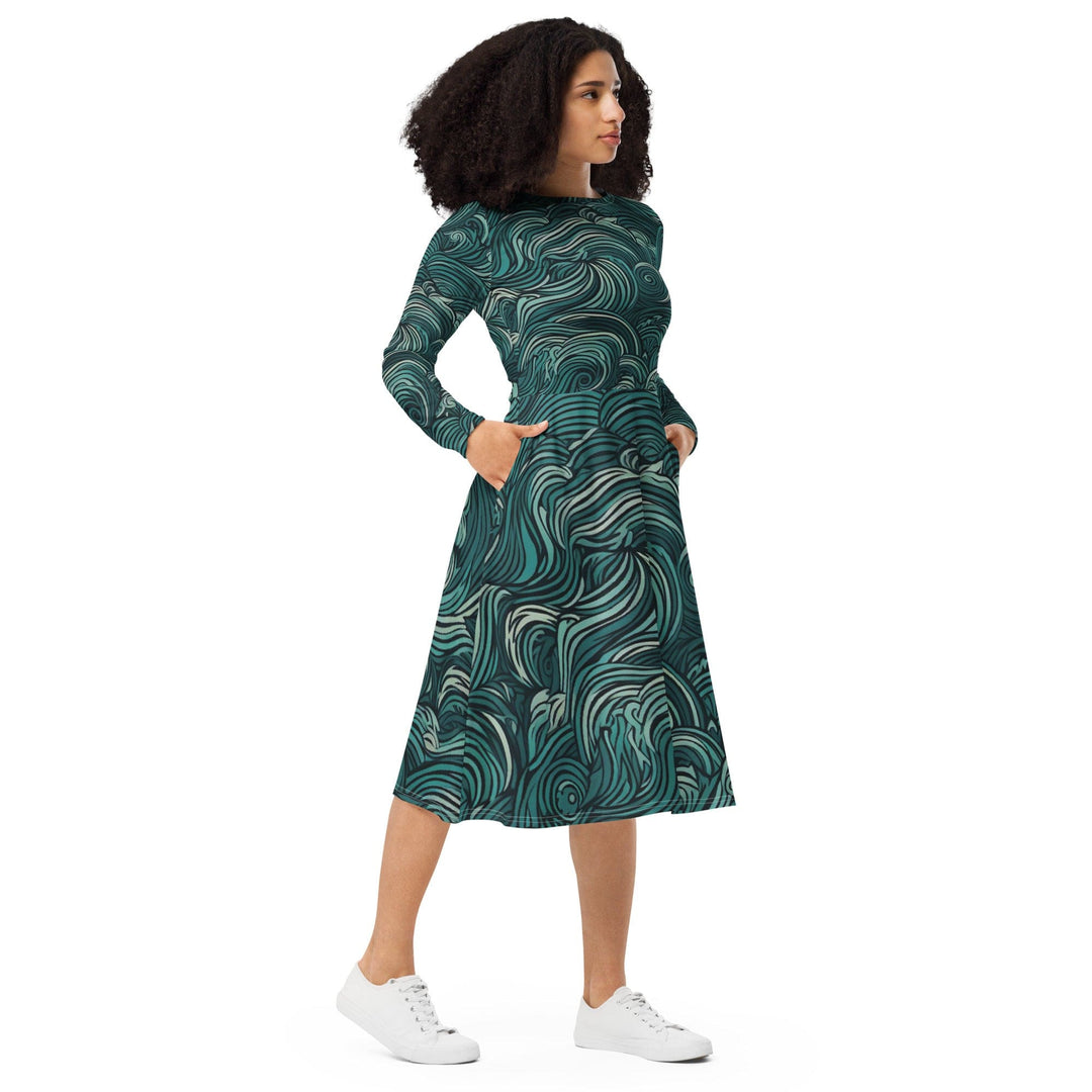 Womens Long Sleeve Midi Dress Mint Green Water Wave Print - Womens | Dresses