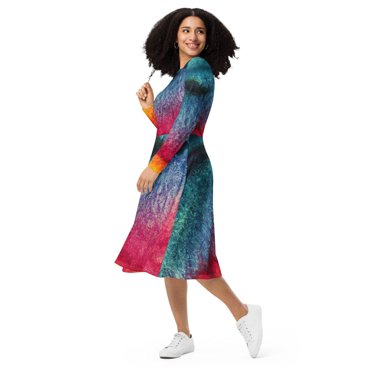 Womens Long Sleeve Midi Dress - Multicolor Abstract Pattern
