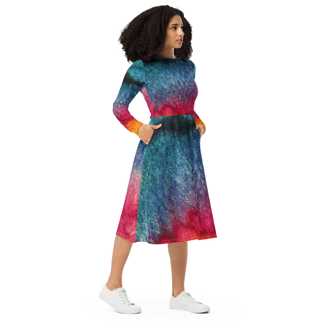 Womens Long Sleeve Midi Dress - Multicolor Abstract Pattern