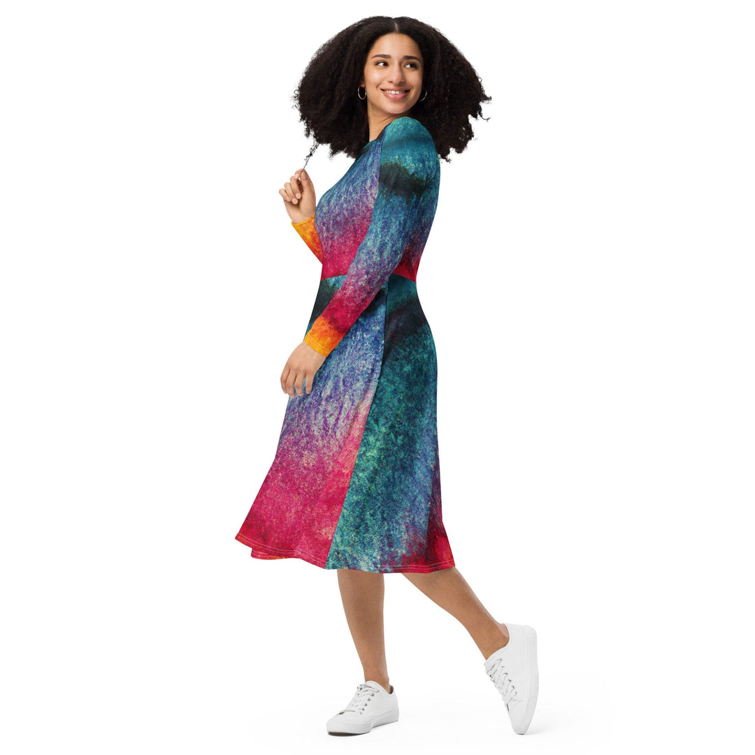 Womens Long Sleeve Midi Dress - Multicolor Abstract Pattern