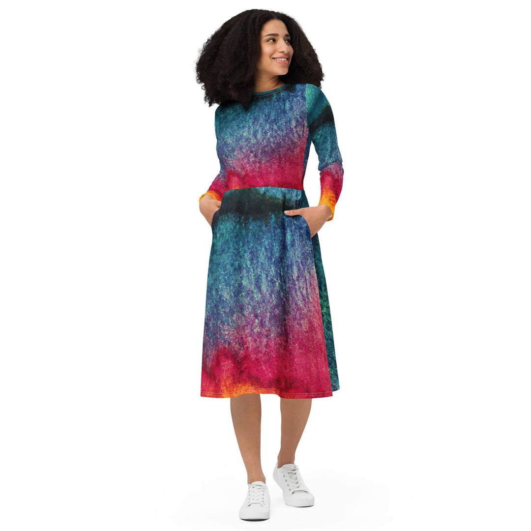 Womens Long Sleeve Midi Dress - Multicolor Abstract Pattern