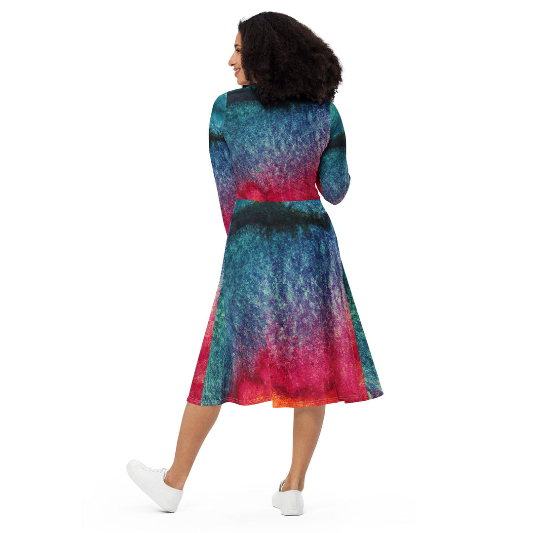 Womens Long Sleeve Midi Dress - Multicolor Abstract Pattern