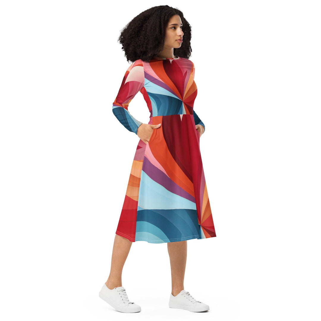 Womens Long Sleeve Midi Dress - Multicolor Heart Print - Womens/Dresses/MIDI/AOP