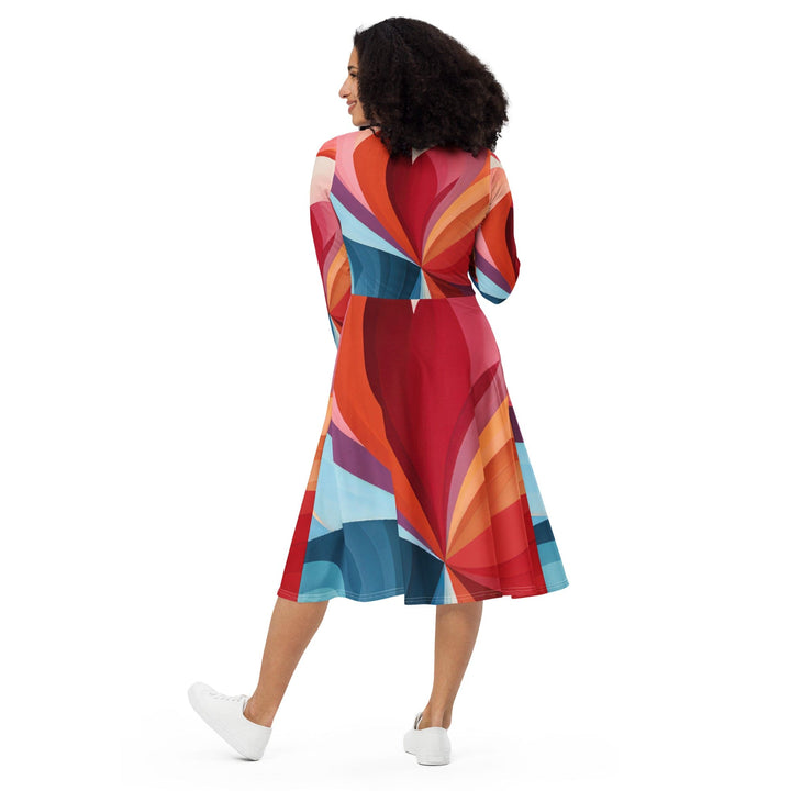 Womens Long Sleeve Midi Dress - Multicolor Heart Print - Womens/Dresses/MIDI/AOP