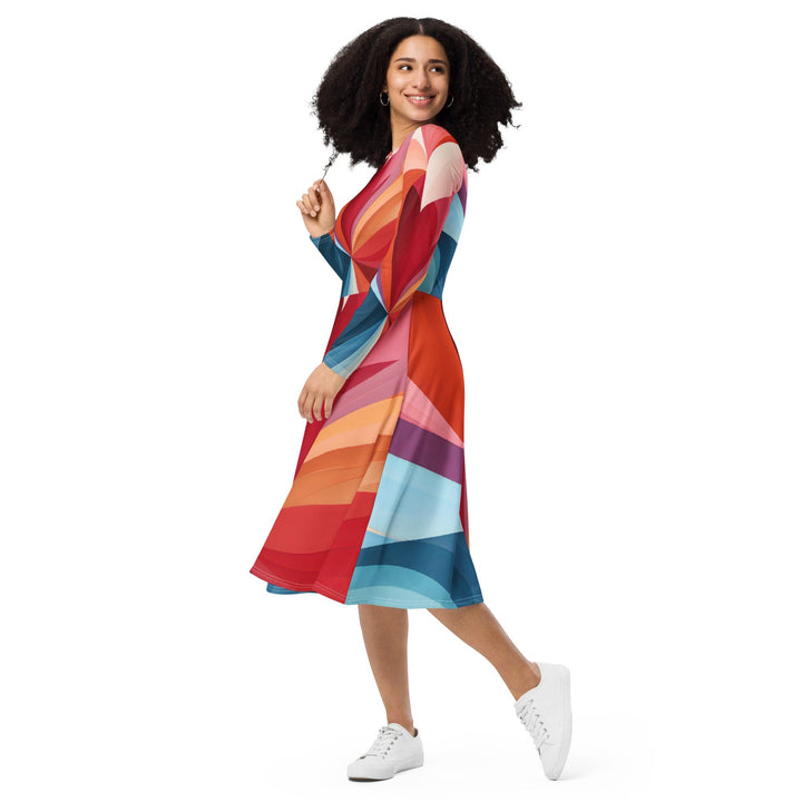 Womens Long Sleeve Midi Dress - Multicolor Heart Print - Womens/Dresses/MIDI/AOP