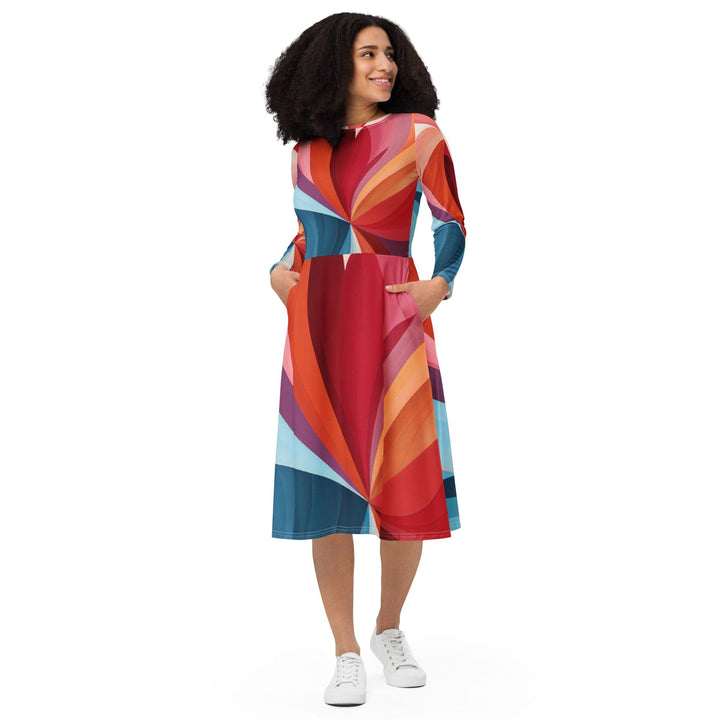 Womens Long Sleeve Midi Dress - Multicolor Heart Print - Womens/Dresses/MIDI/AOP