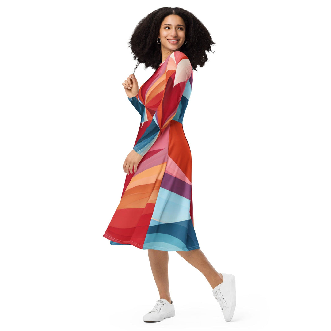 Womens Long Sleeve Midi Dress - Multicolor Heart Print - Womens/Dresses/MIDI/AOP