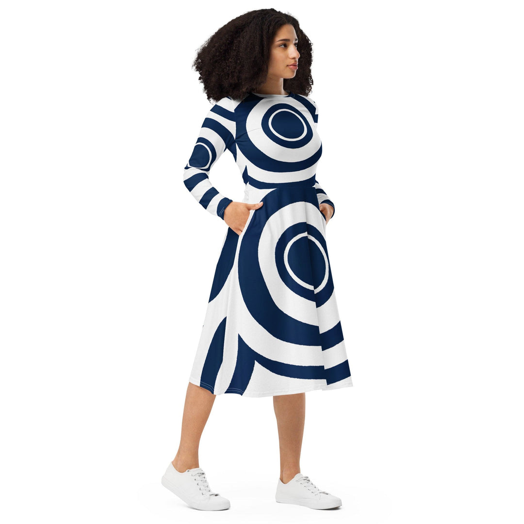 Womens Long Sleeve Midi Dress Navy Blue and White Circular Pattern - Womens