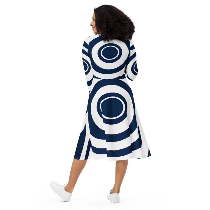 Womens Long Sleeve Midi Dress Navy Blue and White Circular Pattern - Womens