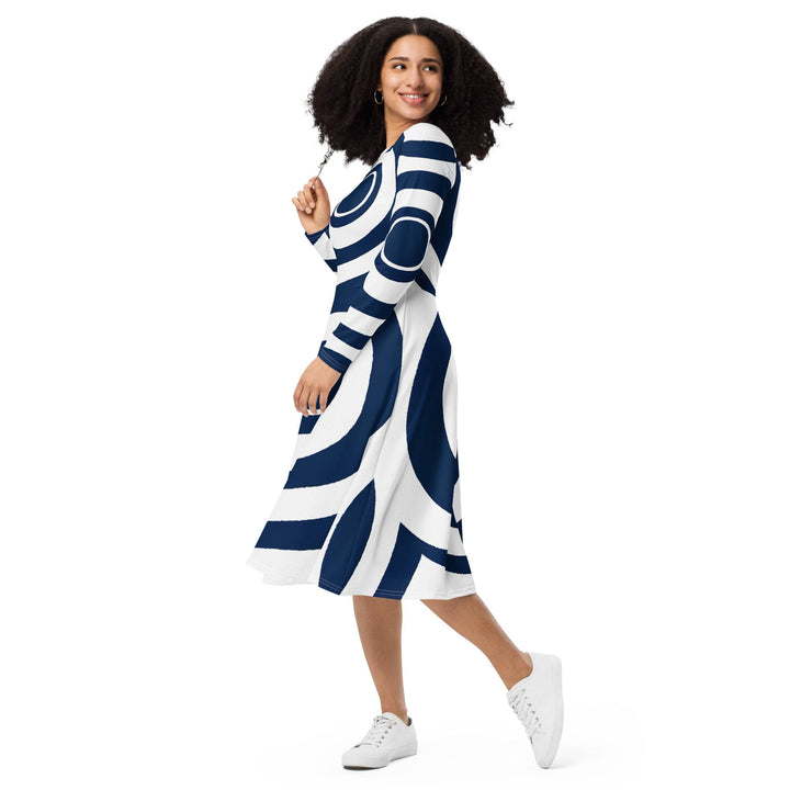 Womens Long Sleeve Midi Dress Navy Blue and White Circular Pattern - Womens